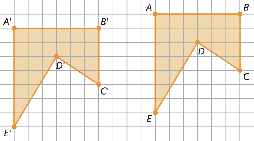 Figura geométrica. Malha quadriculada. À direita, pentágono laranja ABCDE, com lados de medidas diferentes. Tomando o lado do quadradinho da malha como unidade de medida, a uma unidade para baixo e 10 unidades para a esquerda, pentágono laranja A linha B linha C linha D linha E linha, congruente ao pentágono ABCDE.