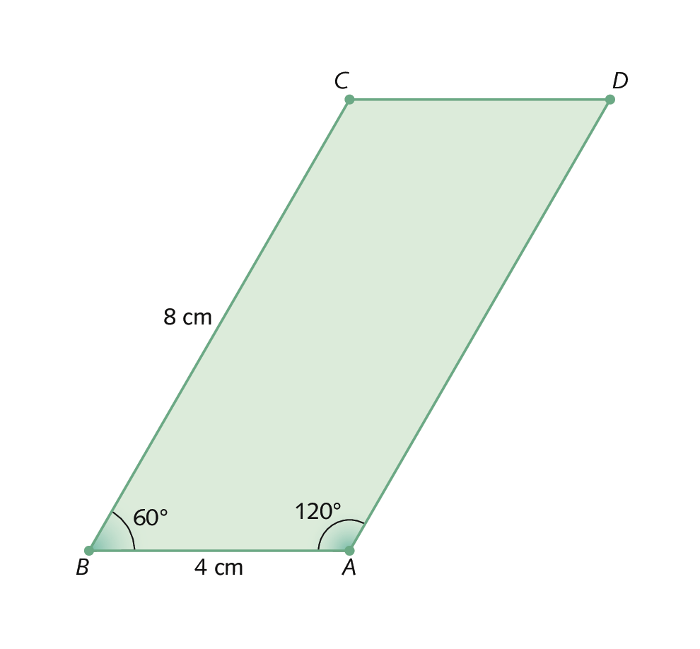 Figura geométrica. Paralelogramo verde ABCD com medida BC de 8 centímetros de comprimento e AB de 4 centímetros de comprimento. Em A, ângulo de 120 graus e em B, ângulo de 60 graus.