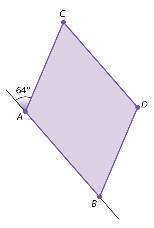 Figura geométrica. Paralelogramo ABCD com ângulo externo em A de 64 graus