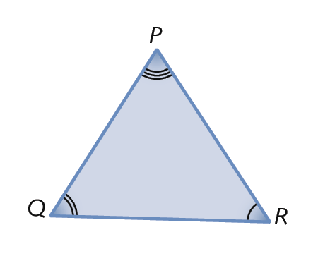 Figura geométrica. Triângulo azul PQR com três ângulos diferentes.