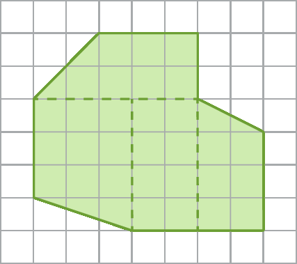 Esquema. Malha quadriculada composta  por 8 linhas e 9 colunas. Dentro dela, há uma figura verde, um polígono de 8 lados. 
O primeiro vértice da figura está localizado no vértice direito inferior do primeiro quadradinho da terceira linha, de cima para baixo, da malha quadriculada. O segundo vértice se encontra no vértice direito inferior do terceiro quadradinho da primeira linha, de cima para baixo, da malha quadriculada. O terceiro vértice está localizado no vértice direito inferior do sexto quadradinho da primeira linha, de cima para baixo, da malha quadriculada. 
O quarto vértice está localizado no vértice direito inferior do sexto quadradinho da terceira linha, de cima para baixo, da malha quadriculada. 
O quinto vértice está localizado no vértice direito inferior do oitavo quadradinho da quarta linha, de cima para baixo, da malha quadriculada. 
O sexto vértice está localizado no vértice direito inferior do oitavo quadradinho da sétima linha, de cima para baixo, da malha quadriculada. 
O sétimo vértice está localizado no vértice direito inferior do quarto quadradinho da sétima linha, de cima para baixo, da malha quadriculada. 
O oitavo vértice está localizado no vértice direito inferior do primeiro quadradinho da sexta linha, de cima para baixo, da malha quadriculada. 
A primeira linha tracejada liga o primeiro vértice ao quarto vértice da figura.
A segunda linha tracejada sai verticalmente do sétimo vértice e encontra a primeira linha tracejada no canto direito inferior do quarto quadradinho da terceira linha.
A terceira linha tracejada sai verticalmente do quarto vértice e encontra um lado do polígono no canto direito inferior do sexto quadradinho da sétima linha.