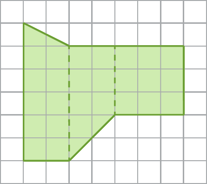 Esquema. Malha quadriculada composta  por 8 linhas e 9 colunas. Dentro dela, há uma figura verde, um polígono de 7 lados. 
O primeiro vértice da figura está localizado no vértice direito inferior do primeiro quadradinho da primeira linha, de cima para baixo, da malha quadriculada. O segundo vértice se encontra no vértice direito inferior do terceiro quadradinho da segunda linha, de cima para baixo, da malha quadriculada. O terceiro vértice está localizado no vértice direito inferior do oitavo quadradinho da segunda linha, de cima para baixo, da malha quadriculada. 
O quarto vértice está localizado no vértice direito inferior do oitavo quadradinho da quinta linha, de cima para baixo, da malha quadriculada. 
O quinto vértice está localizado no vértice direito inferior do quinto quadradinho da quinta linha, de cima para baixo, da malha quadriculada. 
O sexto vértice está localizado no vértice direito inferior do terceiro quadradinho da sétima linha, de cima para baixo, da malha quadriculada. 
O sétimo vértice está localizado no vértice direito inferior do primeiro quadradinho da sétima linha, de cima para baixo, da malha quadriculada.  
A primeira linha tracejada liga o segundo vértice ao sexto vértice da figura.
A segunda linha tracejada sai verticalmente do quinto vértice e encontra um lado do polígono no canto direito inferior do quinto quadradinho da segunda linha.