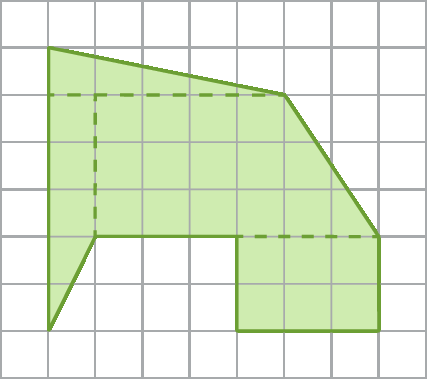 Esquema. Malha quadriculada composta  por 8 linhas e 9 colunas. Dentro dela, há uma figura verde, um polígono de 8 lados. 
O primeiro vértice da figura está localizado no vértice direito inferior do primeiro quadradinho da primeira linha, de cima para baixo, da malha quadriculada. O segundo vértice se encontra no vértice direito inferior do sexto quadradinho da segunda linha, de cima para baixo, da malha quadriculada. O terceiro vértice está localizado no vértice direito inferior do oitavo quadradinho da quinta linha, de cima para baixo, da malha quadriculada. 
O quarto vértice está localizado no vértice direito inferior do oitavo quadradinho da sétima linha, de cima para baixo, da malha quadriculada. 
O quinto vértice está localizado no vértice direito inferior do quinto quadradinho da sétima linha, de cima para baixo, da malha quadriculada. 
O sexto vértice está localizado no vértice direito inferior do quinto quadradinho da quinta linha, de cima para baixo, da malha quadriculada. 
O sétimo vértice está localizado no vértice direito inferior do segundo quadradinho da quinta linha, de cima para baixo, da malha quadriculada. 
O oitavo vértice está localizado no vértice direito inferior do primeiro quadradinho da sétima linha, de cima para baixo, da malha quadriculada. 
A primeira linha tracejada sai horizontalmente do segundo vértice e encontra um lado do polígono no canto direito inferior do primeiro quadradinho da segunda linha.
A segunda linha tracejada sai verticalmente do sétimo vértice e encontra a primeira linha tracejada no canto direito inferior do segundo quadradinho da segunda linha.
A terceira linha tracejada liga o terceiro vértice ao sexto vértice.