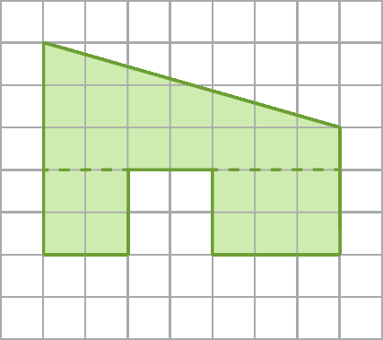 Esquema. Malha quadriculada composta  por 8 linhas e 9 colunas. Dentro dela, há uma figura verde, um polígono de 8 lados. 
O primeiro vértice da figura está localizado no vértice direito inferior do primeiro quadradinho da primeira linha, de cima para baixo, da malha quadriculada. O segundo vértice se encontra no vértice direito inferior do oitavo quadradinho da terceira linha, de cima para baixo, da malha quadriculada. O terceiro vértice está localizado no vértice direito inferior do oitavo quadradinho da sexta linha, de cima para baixo, da malha quadriculada. 
O quarto vértice está localizado no vértice direito inferior do quinto quadradinho da sexta linha, de cima para baixo, da malha quadriculada. 
O quinto vértice está localizado no vértice direito inferior do quinto quadradinho da quarta linha, de cima para baixo, da malha quadriculada. 
O sexto vértice está localizado no vértice direito inferior do terceiro quadradinho da quarta linha, de cima para baixo, da malha quadriculada. 
O sétimo vértice está localizado no vértice direito inferior do terceiro quadradinho da sexta linha, de cima para baixo, da malha quadriculada. 
O oitavo vértice está localizado no vértice direito inferior do primeiro quadradinho da sexta linha, de cima para baixo, da malha quadriculada. 
Linha tracejada sai horizontalmente do canto direito inferior do primeiro quadradinho da quarta linha e encontra um lado do polígono no canto direito inferior do oitavo quadradinho da quarta linha.