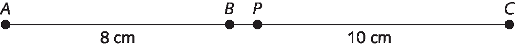 Esquema. Linha reta horizontal com a representação dos pontos A, B, P e C,  dispostos nesta ordem. A medida do comprimento entre A e B é igual a 8 centímetros e a  medida do comprimento entre P e C é igual a 10 centímetros.