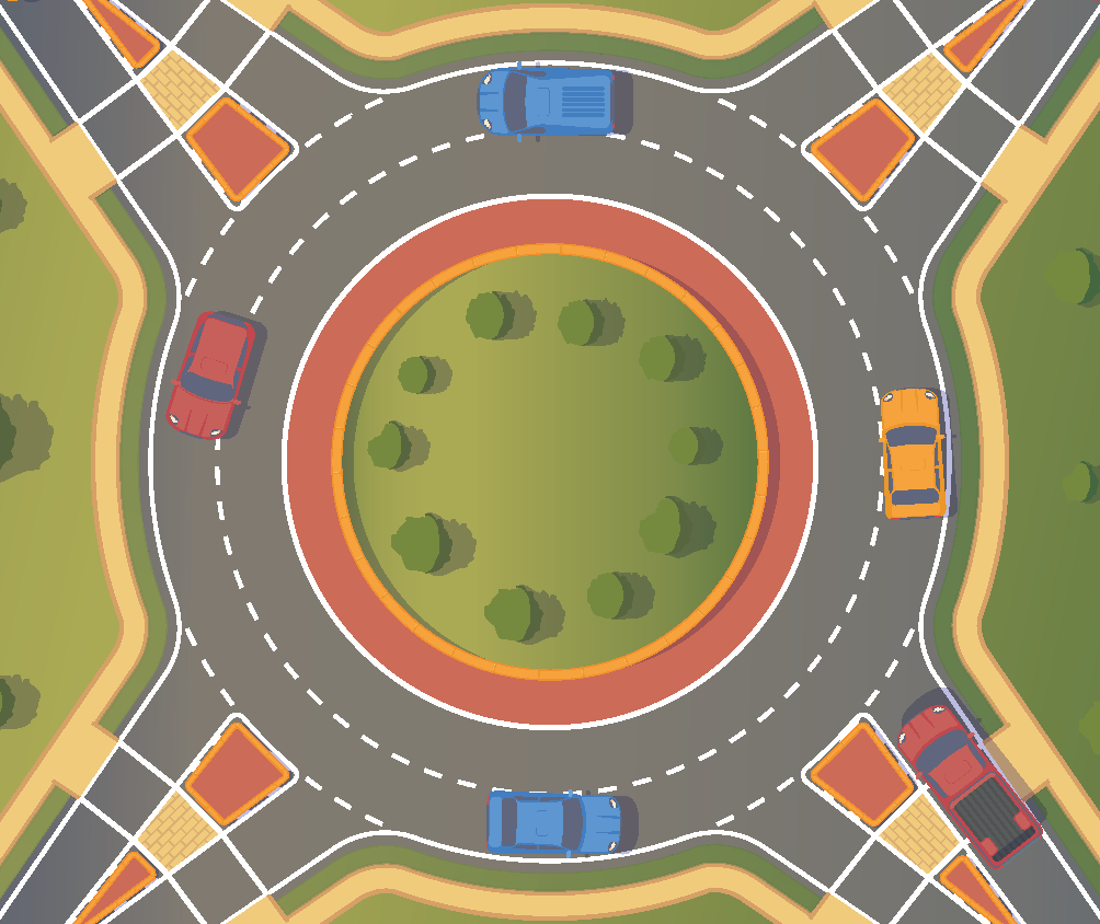Ilustração. Vista de cima de uma rotatória com 4 carros e um carro para entrar nela. Ao centro da rotatória, região circular com grama e árvores. Ao redor dessa região circular, coroa circular vermelha.