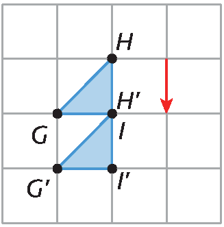 Figura geométrica, Malha quadriculada com a representação do triângulo GHI e do triângulo G linha, H linha e I linha. H linha coincide com o ponto I. Os dois triângulos são congruentes e G linha, H linha e I linha foi obtido de GHI por meio de uma translação, na vertical, de cima para baixo, com uma distância equivalente ao lado de um quadradinho.  A direção , o sentido e a medida de distância do deslocamento estão representados por um vetor representado na malha.