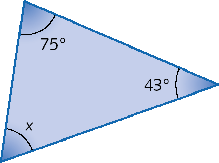 Figura geométrica. Triângulo cujas medidas das aberturas dos ângulos internos medem 75 graus, 43 graus e x.