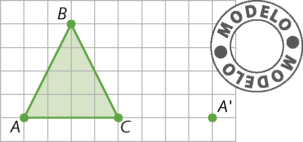 Figura geométrica. Malha quadriculada com triângulo ABC representado do lado esquerdo  dela. Á direita  do vértice C está representado o ponto A linha. Para chegar ao ponto A linha partindo do ponto C, é preciso caminhar 4 quadradinhos para a direita. Ilustração. Símbolo de Modelo.