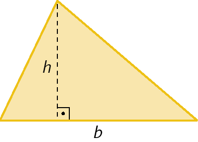 Figura geométrica. Triângulo. Está representando com uma linha tracejada a altura do triângulo. Há uma letra b indicando a medida do comprimento da base e uma letra h ao lado da linha tracejada indicando a medida do comprimento da altura relativa à base.