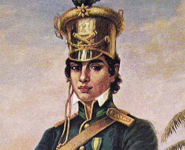 Pintura. Mulher de cabelo escuro, chapéu com detalhes dourados e casaco verde com faixa na transversal.