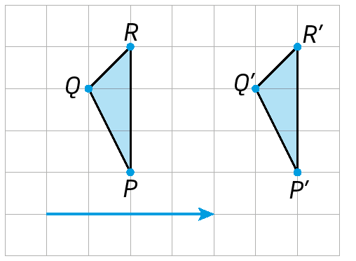 Figura geométrica. Malha quadriculada com triângulo PQR. Abaixo, seta horizontal para direita. Ao lado, triângulo semelhante P linha, Q linha e R linha.