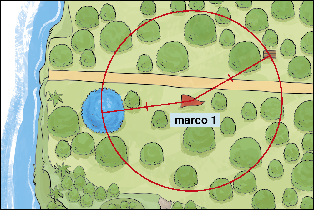 Ilustração. Destaque para trecho da ilha com bandeira do marco 1 com árvore de copa azul à esquerda.  Circunferência ao redor do marco 1 passando pela árvore azul. Raio do marco 1 ao centro até a árvore azul e do marco 1 para direita.