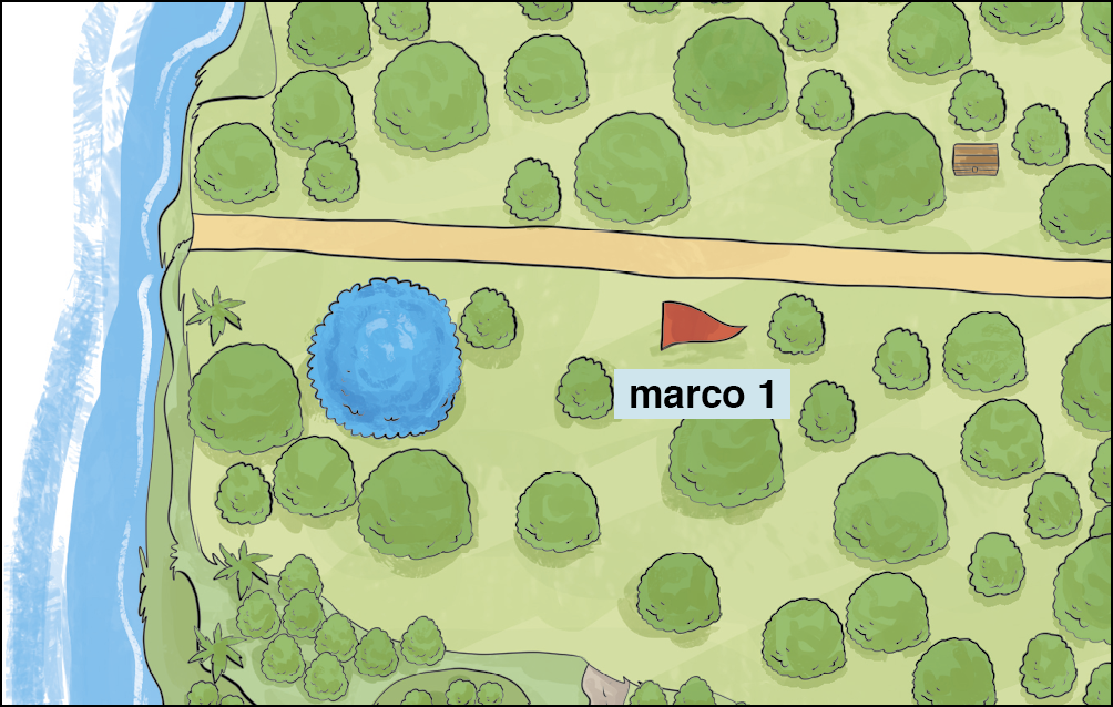Ilustração. Destaque para trecho horizontal da ilha com bandeira do marco 1 com árvore de copa azul à esquerda.