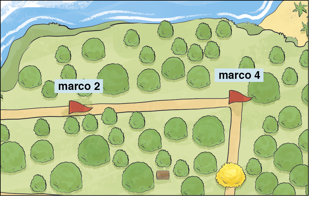 Ilustração. Destaque para trecho da ilha com bandeira do marco 2 à esquerda e à direita, marco 4 com árvore amarela abaixo do marco 4.