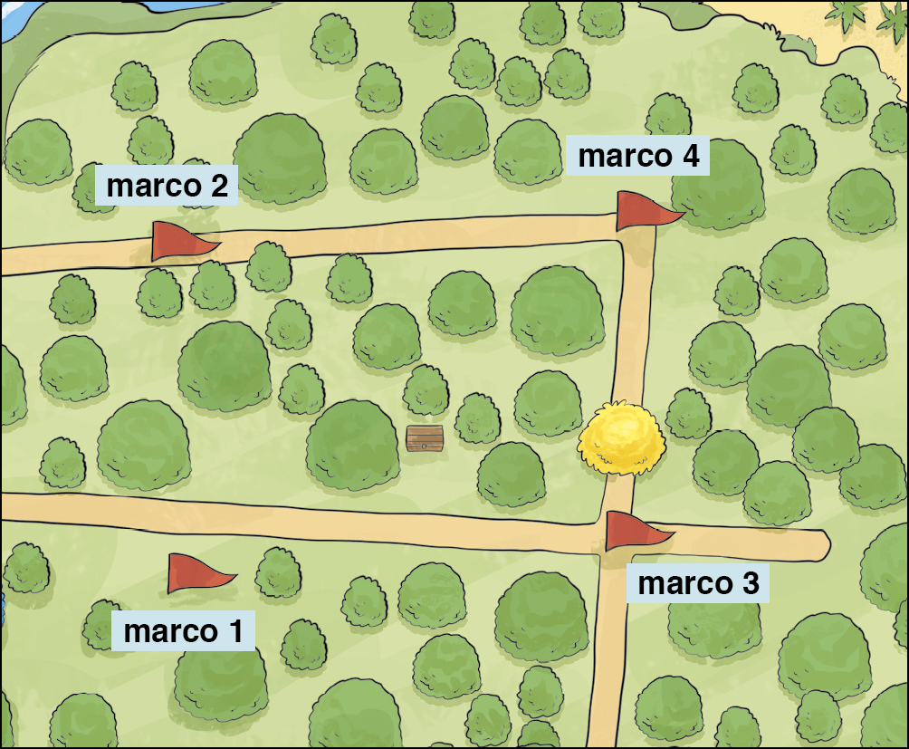 Ilustração. Destaque para trecho da ilha. Abaixo, à esquerda, bandeira com marco 1 e à direita, bandeira com marco 3. A cima, à esquerda, bandeira com marco 2 e à direita bandeira com marco 4.