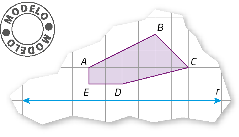 Figura geométrica. Modelo. Parte de uma malha quadriculada com reta r na horizontal. Acima da reta, figura rosa ABCDE.
