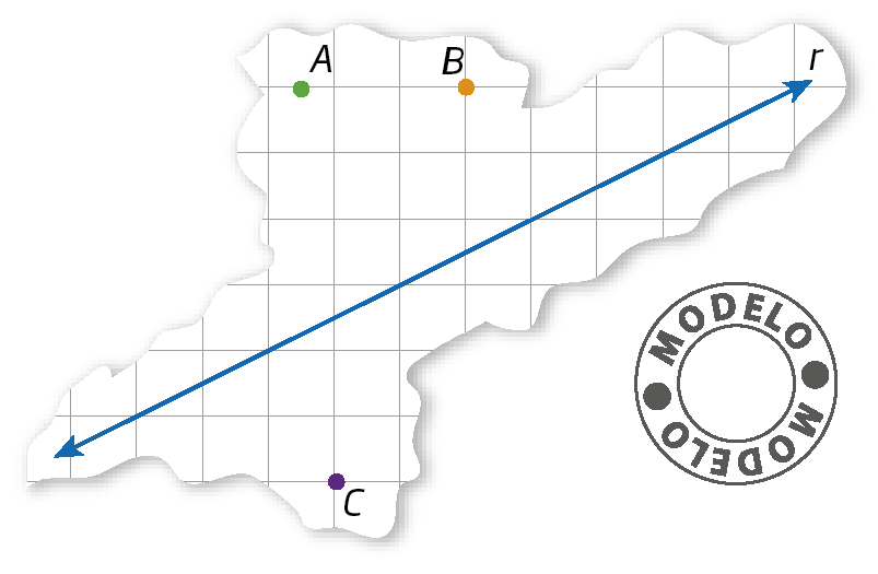 Figura geométrica. Modelo. Parte de uma malha quadriculada com reta r na diagonal. Na parte superior da malha, pontos A e B. Na parte inferior direita, ponto C.