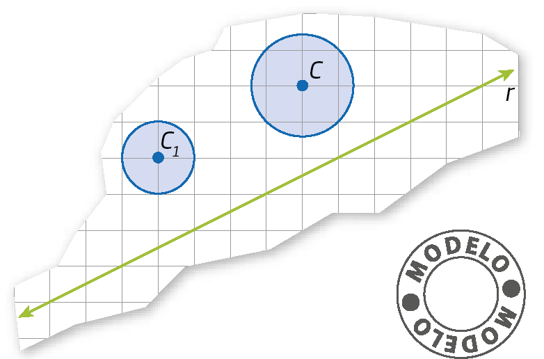 Figura geométrica. Modelo. Parte de uma malha quadriculada com reta r na diagonal. Na parte superior da malha, circunferência com centro C1 e circunferência maior com centro C.
