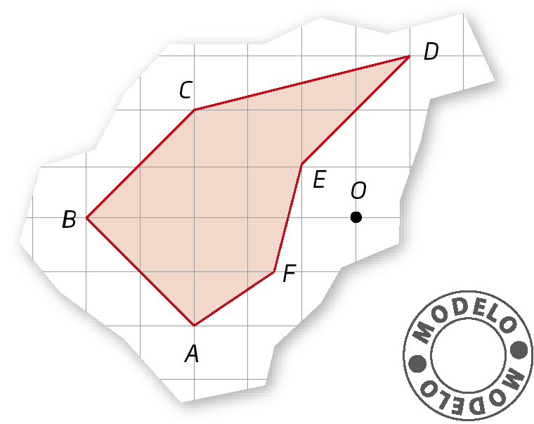 Figura geométrica. Modelo. Parte de uma malha quadriculada com figura laranja ABCDEF. À direita de E, posicionado fora da figura, ponto O.