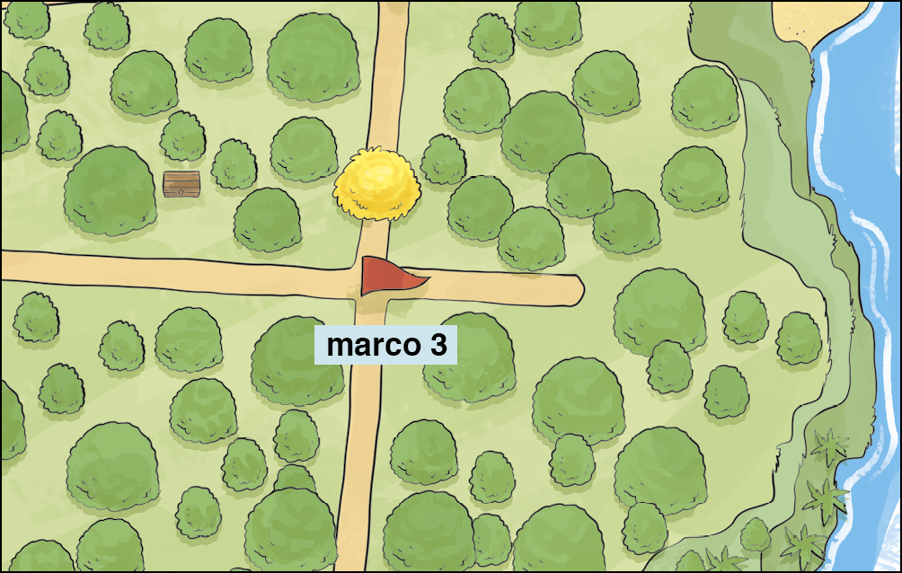 Ilustração. Destaque para trecho da ilha com bandeira do marco 3 e árvore amarela acima.