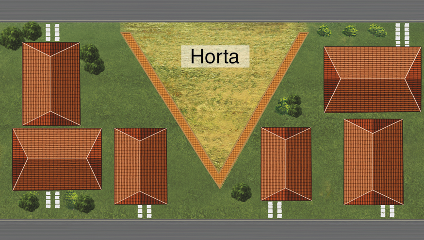 Ilustração. Área retangular gramada com horta representada por um triângulo virado para baixo no centro. Ao redor, seis construções.
