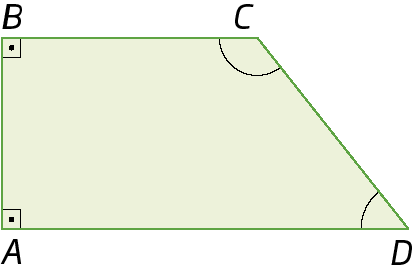 Figura geométrica. Trapézio ABCD com segmento AB completamente na vertical, segmento BC paralelo a AD e completamente na horizontal e segmento CD inclinado para a esquerda.