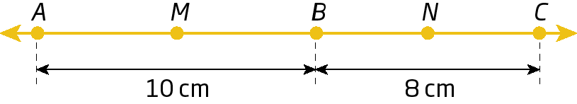 Figura geométrica. Segmento com os pontos: A, M, B, N e C. A medida de A até B é 10 centímetros e de B até C é 8 centímetros.