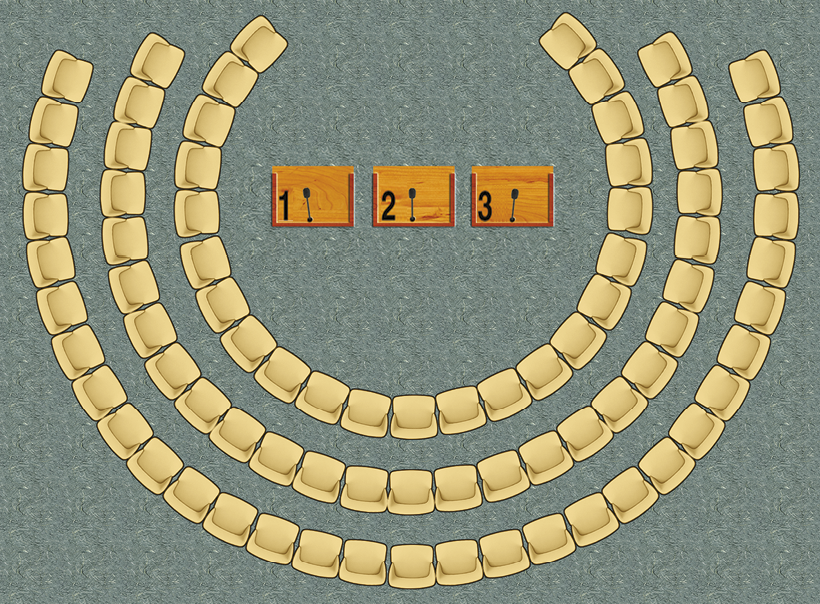 Ilustração. Três bancadas uma ao lado da outra, sendo 1, 2 e 3. Ao redor, três fileiras, sendo: uma fileira com 31 cadeiras, uma fileira com 27 cadeiras e uma fileira com 23 cadeiras.
