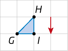 Figura geométrica. Malha quadriculada com triângulo azul G H I. Ao lado, seta vertical para baixo.