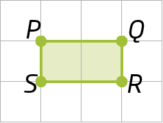 Figura geométrica. Malha quadriculada com retângulo verde PQRS.