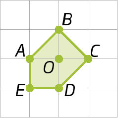 Figura geométrica. Malha quadriculada com figura verde ABCDE. No centro da figura, ponto O.