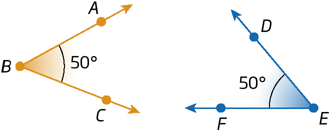 Figura geométrica. À esquerda, ponto B. De B, reta diagonal com ponto C. Reta diagonal com ponto A. Em O, ângulo de 50 graus.

Figura geométrica. À direita, ponto E. De E, reta diagonal com ponto D. Reta horizontal com ponto F. Em E, ângulo de 50 graus.