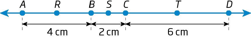 Figura geométrica.  Segmento com os pontos: A, R, B, S, C, T e D. A medida A até B é 4 centímetros. A medida B até C é 2 centímetros e a medida C até D é 6 centímetros.