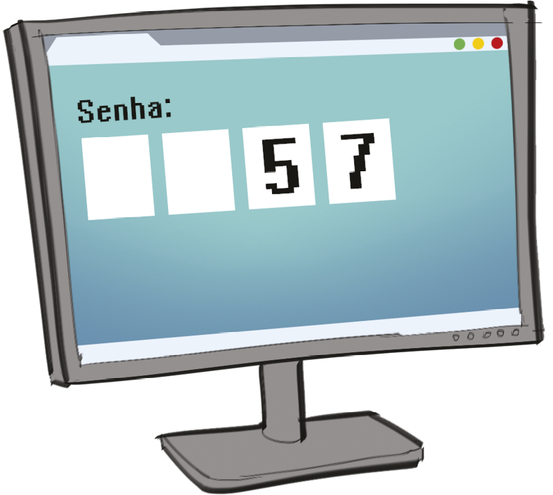 Ilustração. Monitor de computador com a representação de uma senha de 4 dígitos, sendo que só os 2 últimos são conhecidos:  Retângulo branco, retângulo branco, 5, 7.