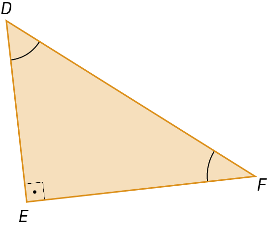Figura geométrica. Triângulo retângulo DEF, Os ângulos internos com vértices em D e F tem aberturas medindo menos do que 90 graus e o ângulo interno com vértice em E tem abertura medindo  90 graus.