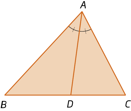 Figura geométrica. Triângulo ABC. Sobre o lado BC está representado o ponto D, Está representado também um segmento de reta com extremidades no ponto A e D, de modo que a medida da abertura do ângulo BAD é igual a medida da abertura do ângulo DAC.