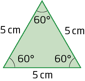 Figura geométrica. Triângulo com os 3 lados medindo 5 centímetros de comprimento e com os 3 ângulos internos com abertura medindo 60 graus.