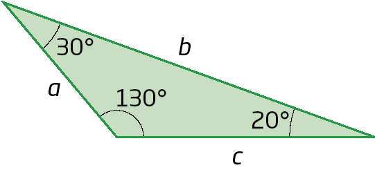 Figura geométrica. Triângulo cuja medida do comprimento dos lados está indicada pelas letras a, b e c. A medida da abertura do ângulo oposto ao lado que mede c tem 30 graus. A medida da abertura do ângulo oposto ao lado que mede a tem 20 graus. A medida da abertura do ângulo oposto ao lado que mede b tem 120 graus.
