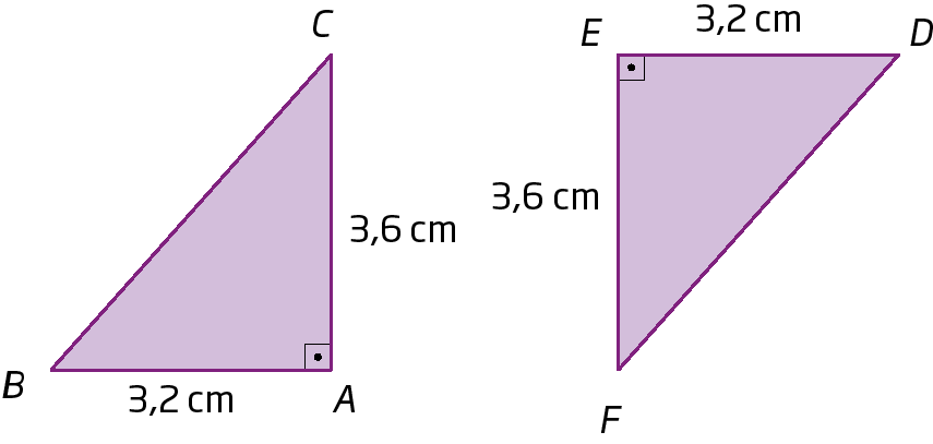 Figura geométrica. Triângulo retângulo ABC ao lado de triângulo retângulo DEF. Comprimento do lado AB medindo 3 vírgula 2 centímetros; comprimento do lado AC medindo 3 vírgula 6 centímetros. Comprimento do lado DE medindo 3 virgula 2 centímetros; comprimento do lado EF medindo 3 vírgula 6 centímetros.