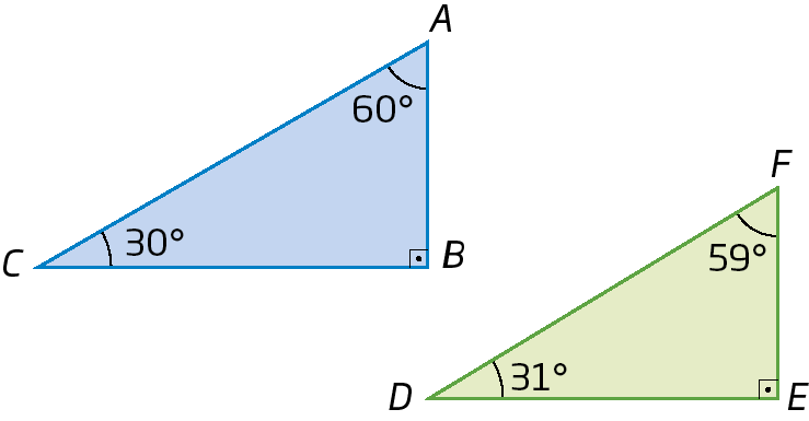 Figura geométrica. Triângulo retângulo ABC ao lado de triângulo retângulo DEF. Abertura do ângulo A medindo 60 graus, abertura do ângulo C medindo 30 graus. Abertura do ângulo D medindo 31 graus, ângulo F medindo 59 graus.