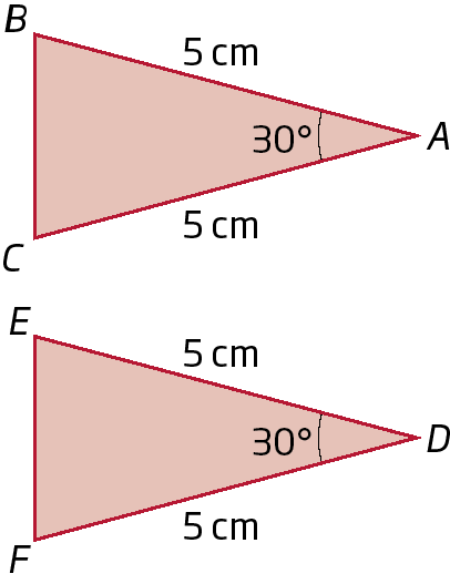 Figura geométrica. Triângulo ABC acima do triângulo DEF. Abertura do ângulo A medindo 30 graus, comprimento do lado AB medindo 5 centímetros e comprimento do lado AC medindo 5 centímetros. Abertura do ângulo D medindo 30 graus, comprimento do lado DE medindo 5 centímetros e comprimento do lado DF medindo 5 centímetros.