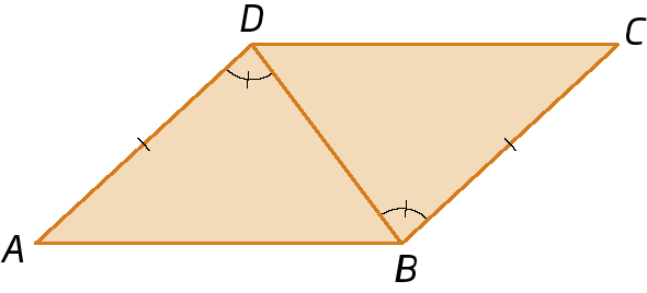 Figura geométrica. Triângulo ABD unido ao triângulo CBD pelo lado BD. Lado BC congruente ao lado AD. Ângulo B congruente ao ângulo D.