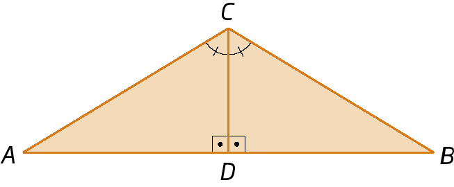 Figura geométrica. Triângulo CAD retângulo em D unido ao triângulo CBD, retângulo em D, pelo lado CD. Ângulo C com mesma medida em ambos os triângulos.