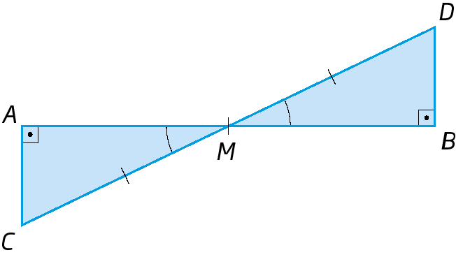 Figura geométrica. Triângulo ACM retângulo em A unido pelo vértice M ao triângulo BDM retângulo em B. Lado CM congruente ao lado DM.