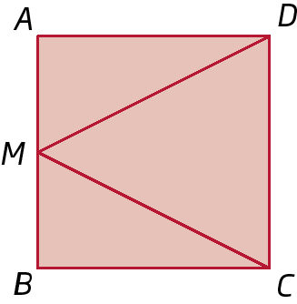 Figura geométrica. Quadrado ABCD. No lado AB, ponto M do qual saem dois segmentos de reta, um até o vértice D, formando o triângulo ADM, e outro até o vértice C, formando o triângulo BCM. Também forma-se o triângulo CDM.