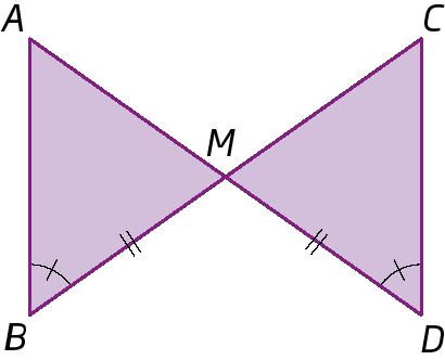 Figura geométrica. Segmento AD e segmento BC concorrentes no ponto M. Formam-se os triângulos AMB e CMF na cor lilás. Os lados BM, do triângulo AMB, e DM, do triângulo CMD, são congruentes e os ângulos B, do triângulo AMB, e D do triângulo CMD, são congruentes.