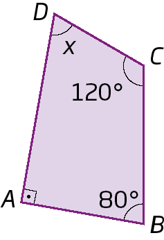 Figura geométrica. Quadrilátero ABCD. Ângulos: em A, 90 graus; em B 80 graus; em C 120 graus; em D x.