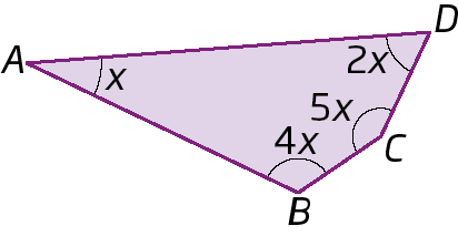 Figura geométrica. Quadrilátero ABCD. Ângulos: em A, x; em B, 4x; em C, 5x; em D, 2x.