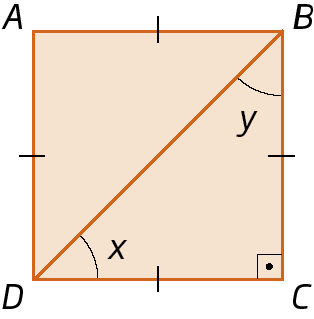 Figura geométrica. Quadrado ABCD. Diagonal BD dividindo-o em dois triângulos: ABD e BCD. No triângulo BCD, ângulo em C igual a 90 graus, em B igual a y e em D igual a x.